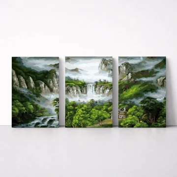Vízesés a hegyekben - Többrészes számfestő, kerettel (50x120 cm)