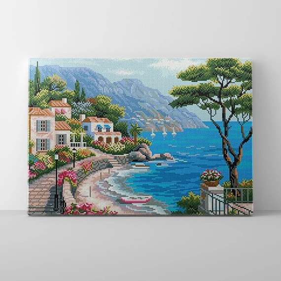 Mediterrán öböl - Gyémántszemes kirakó készlet, kerettel (40x50 cm)