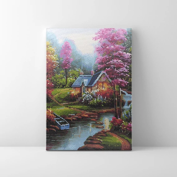 Ház a patakparton - Gyémántszemes kirakó készlet, kerettel (40x50 cm)