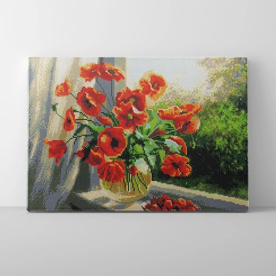 Pipacs az ablakban - Gyémántszemes kirakó készlet, kerettel (40x50 cm)