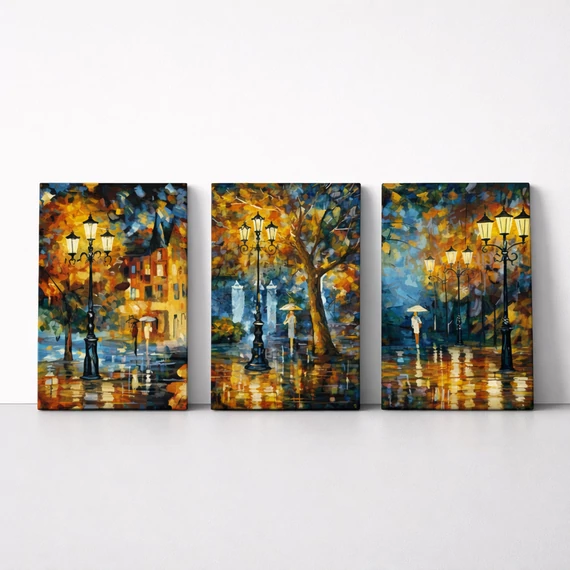 Afremov: Esti séta - Többrészes számfestő, kerettel (50x120 cm)