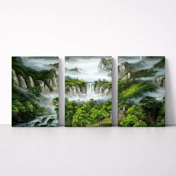Vízesés a hegyekben - Többrészes számfestő, kerettel (50x120 cm)