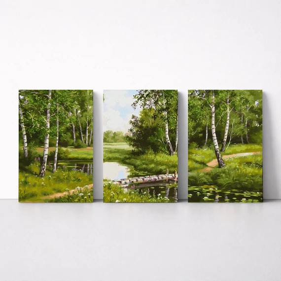 Nyírfák a patakparton - Többrészes számfestő, kerettel (50x120 cm)
