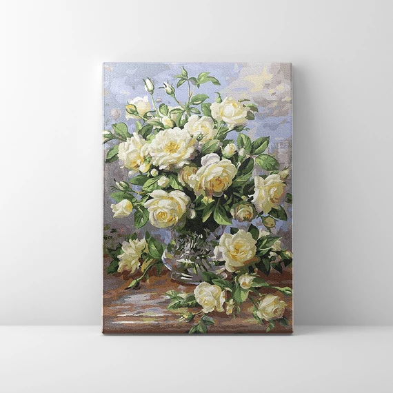 Fehér rózsa csokor - Számfestő készlet, kerettel (40x50 cm)
