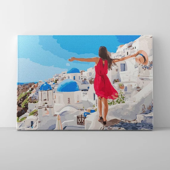 Santorini ege fölé emelve - Számfestő készlet, kerettel (40x50 cm)