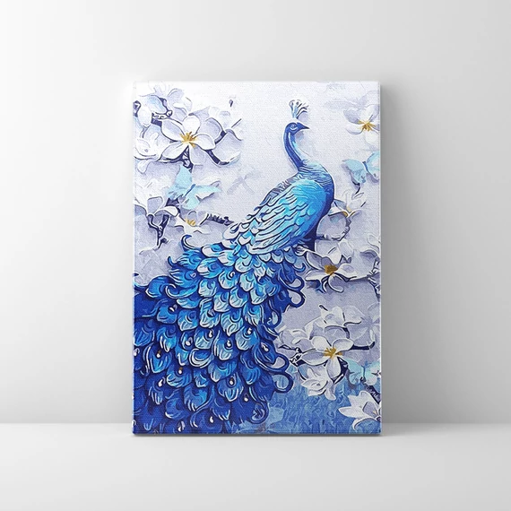 Kék páva virágokkal - Számfestő készlet, kerettel (40x50 cm)