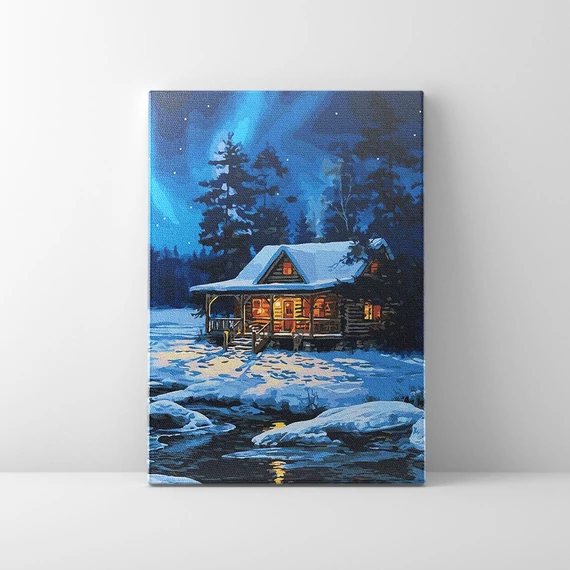 Erdei házikó télen - Számfestő készlet, kerettel (40x50 cm)